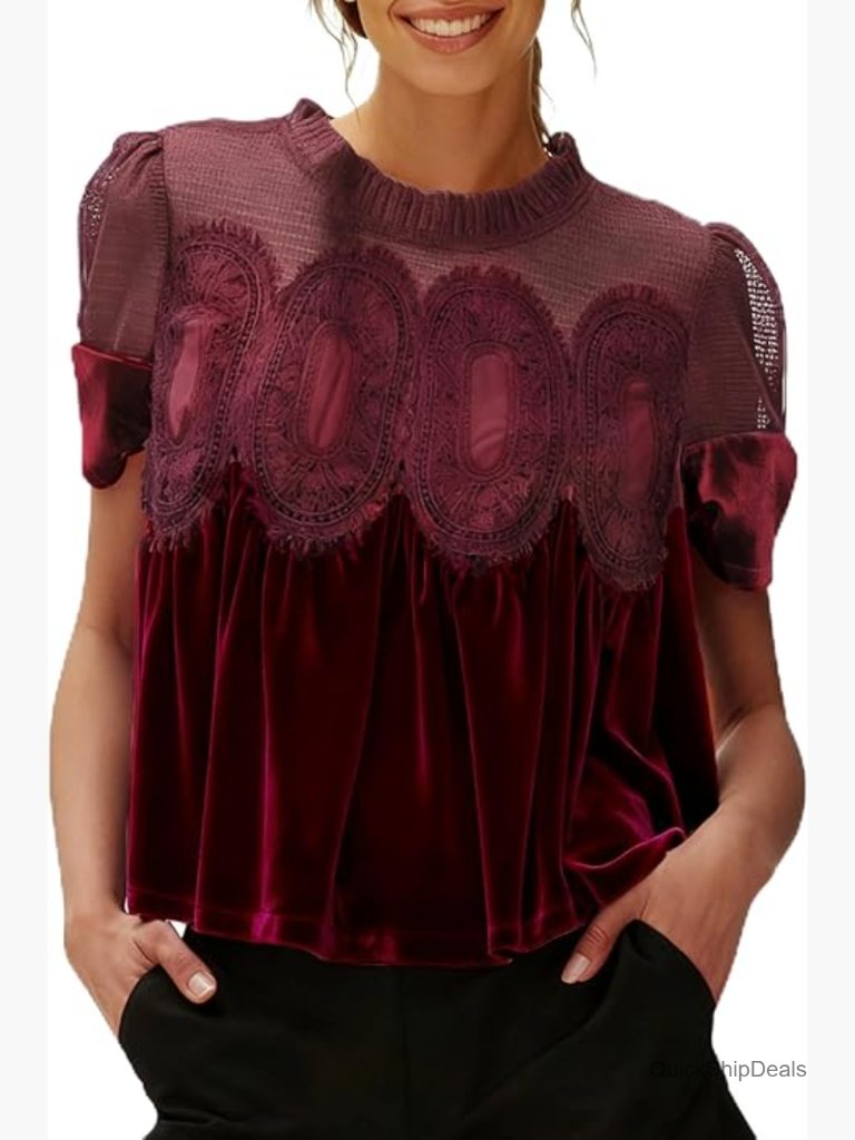 Velvet Lace Blouse Short Sleeve Flared Swing Top Elegant Back Design